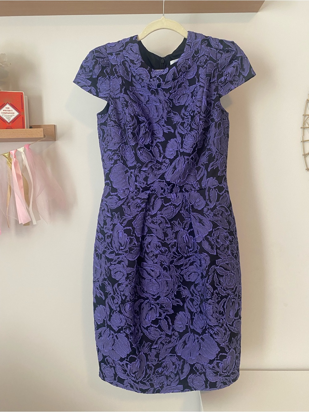 Carmen Marc Valvo Black and Purple Floral Jacquard Sheath Dress